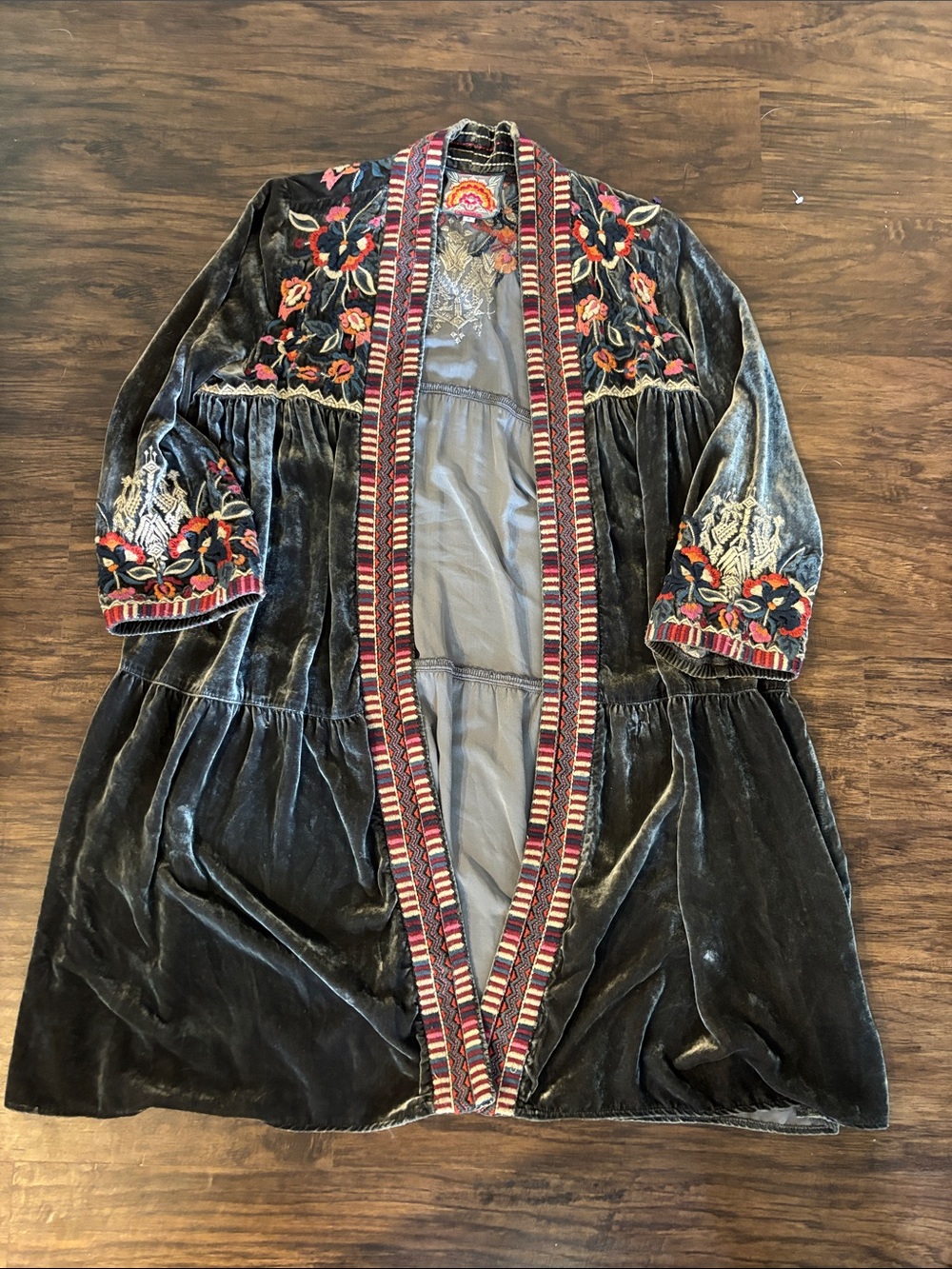 Johnny Was Black Velvet Embroidered Open Front Duster